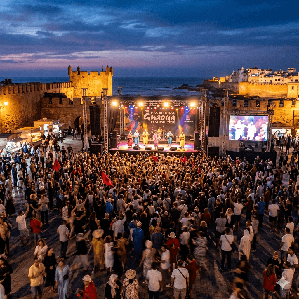 night view of a concert stage and crowds at the Essaouira Gnaoua Festival 2026
