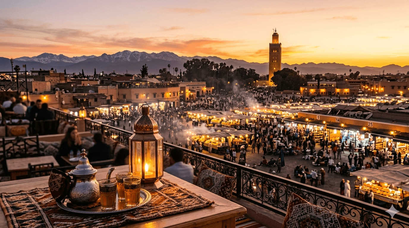 rooftop view of Jemaa el Fna at sunset showing some of the best things to do in Marrakech