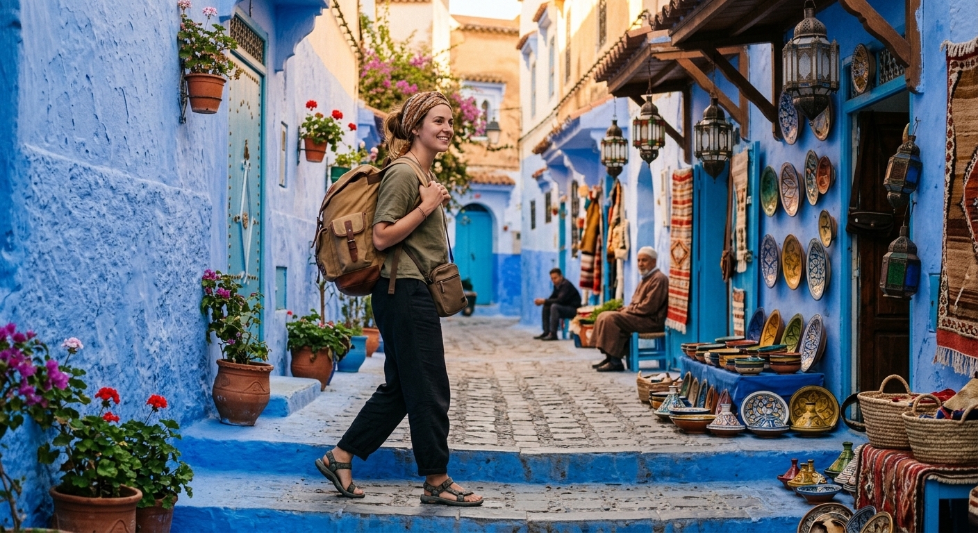Solo travel Morocco safety guide - Traveler exploring Chefchaouen blue city alone