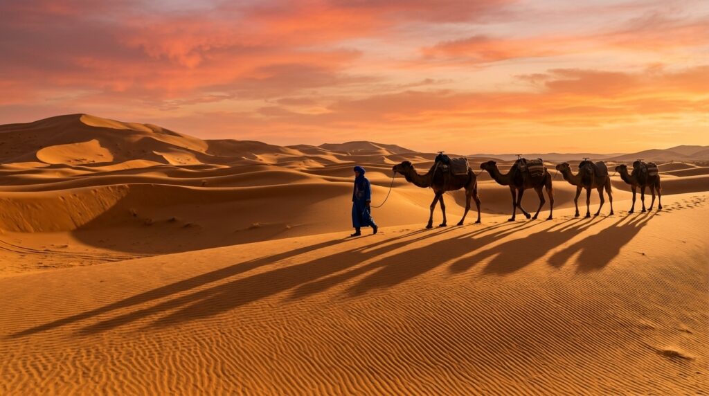 Camel trekking in Merzouga Sahara Desert Morocco sunset guide