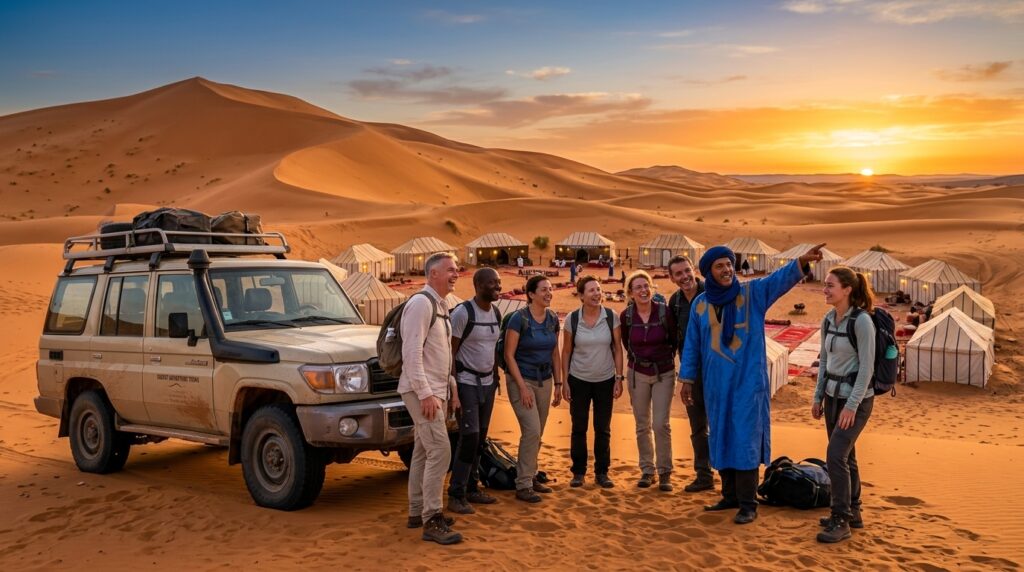 Morocco tour packages - Group travelers with 4x4 vehicle at Sahara Desert sunset