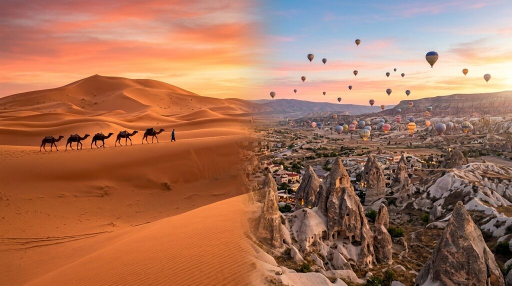 Morocco vs Turkey 2026 - Sahara Desert camel trek and Cappadocia hot air balloons comparison